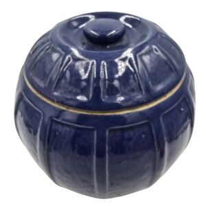 Vintage USA Pottery Cobalt Blue Ribbed Stoneware Jar Barrel Canister with Lid